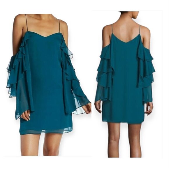 Haute‎ Hippie Finale Cold-Shoulder Ruffled Silk Mini Dress, Size 4, NWT - Picture 1 of 16
